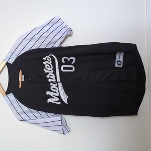 Monsters of Hip Hop | Men's Black and White Pinstripe Sewn Baseball Jersey, XS